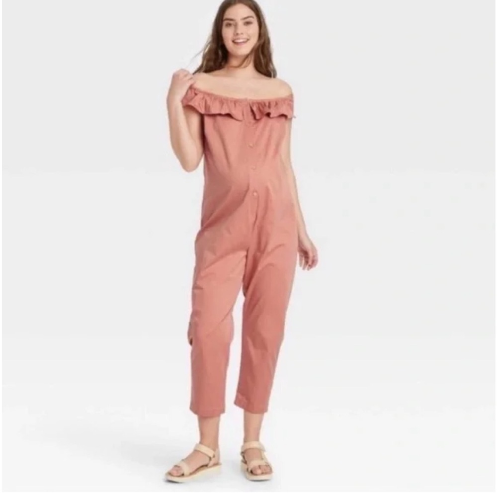 The Nines by Hatch Pink Ruffle Collar Cropped Jumpsuit